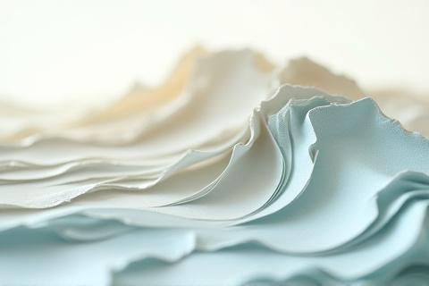 Art mural en papier évoquant une vague océanique